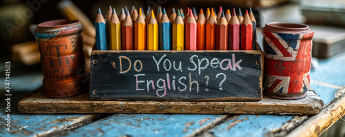 Vintage chalkboard with Do You Speak English? question, British flag, and pencils on rustic wooden backdrop, representing language learning and cultural communication