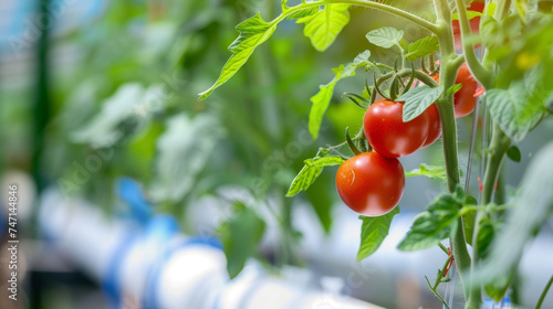 A macro shot of a single tomato plant growing in a hydroponic setup with its deep red fruits ripening and ready for harvest. The white PVC pipes and clean plastic containers