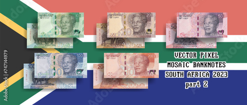 Vector set of pixel mosaic banknotes of South Africa. Collection of notes in denominations of 10, 20, 50, 100 and 200 rands. Obverse and reverse. Play money or flyers. Part 2