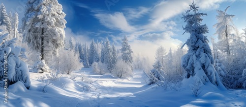 Tranquil Winter Wonderland: Serene Snowy Landscape with Majestic Trees Covered in Snow