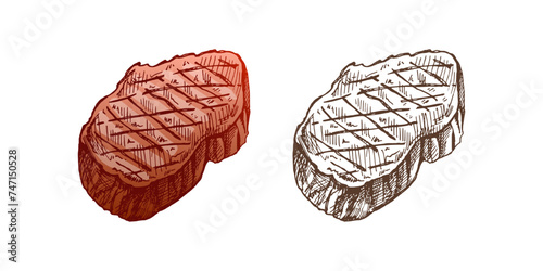 Organic food. Hand-drawn colored and monochrome vector sketch of ribeye steak, beef steak, piece of meat. Doodle vintage illustration. Decorations for the menu of cafes and labels. Engraved image.