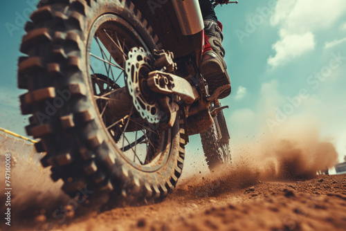 Person riding dirt bike on dirt road, suitable for outdoor adventure concepts