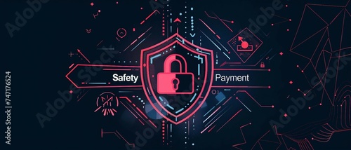 a high-tech illustration design with the text Safety Payment. with a shield and lock icon. the concept of safe and secure payment transactions. 