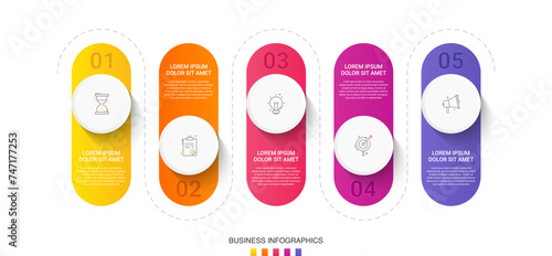 Vector infographic design template. Modern timeline concept with five steps, circles. Vector illustration used for diagram, workflow layout, banner, webdesign, presentations, flowchart