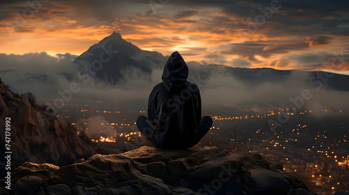 Man in black hooded hat sitting on a rock and looking. 