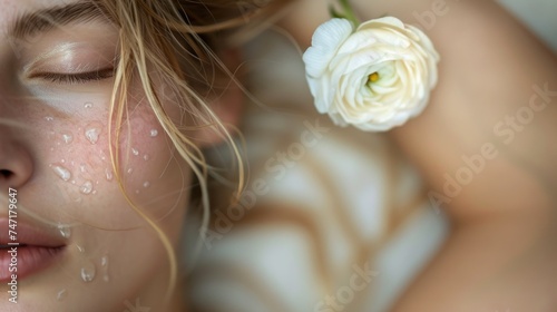 A close-up of a woman's face with closed eyes dewy skin and a single white rose resting on her shoulder evoking a serene and ethereal beauty.