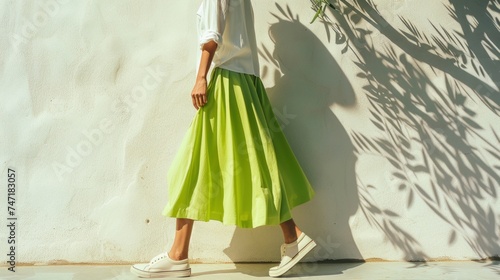 A person in a white shirt and a bright green midi skirt standing in front of a white wall with shadows of leaves cast on it.