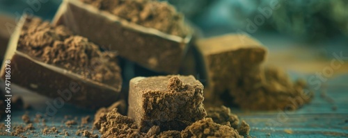 Hashish on the table with blurred background, close up photo, professional photo