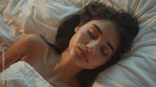 A woman with dark hair and closed eyes lying on her side on a white bed with a rumpled sheet exuding a sense of tranquility and rest.