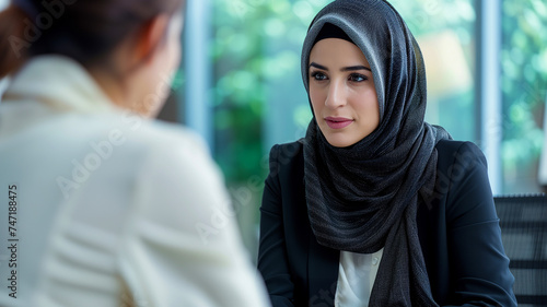 A Muslim woman doctor in a hijab, talking to a patient. Close-up portrait. The concept of medicine, mental health, diversity. Background with a bokeh effect.