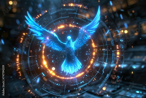 The outline of a blue phoenix, showcase interface cosmic background