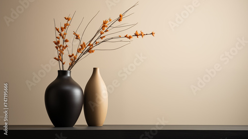 Fleurs et branchages oranges dans un vase noir. Arrière-plan de couleurs, beige, brun. Nature, plante, fleur. Printemps. Espace vide de composition. Fond pour conception et création graphique.