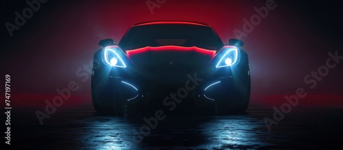Front view close up headlamp light at night of a luxury sports car riding on the road. AI generated