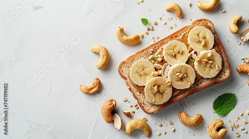 On a white table, toast with cashews, banana slices, and nut butter with top view and space for text, Generative AI.