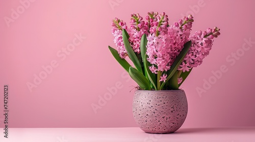 Pink backdrop featuring pink hyacinths in a porcelain pot and space, Generative AI.