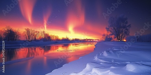 Aurora Borealis Shining Over River