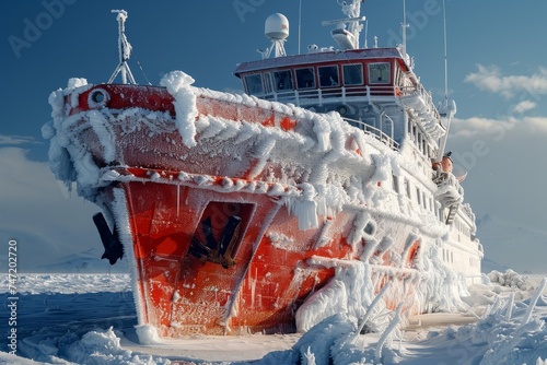 Large Boat Covered in Ice and Snow