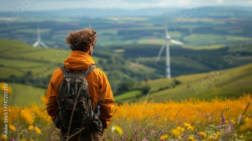 A hiker in an orange jacket stands amidst a field of wildflowers, looking out towards distant wind turbines in a green valley.