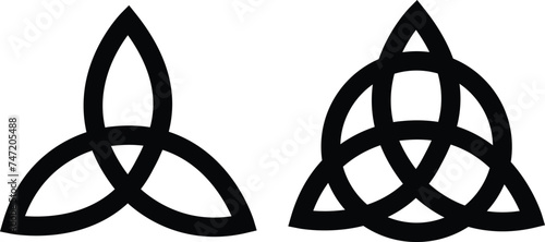 Triquetra sign icon set. Leaf like celtic simple symbol black line vector Trikvetr knot with circle Power of three viking tribal for tattoo flat style image isolated on transparent background