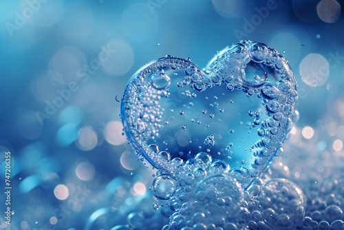 Heart made of soap foam with bubbles on blue background. Soap bubbles in bath or sud. White cleanser texture. Spa beauty treatment. Hygiene and healthcare, cleaning service concept