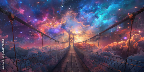 Suspension bridge of light, with a view into a colorful space nebula
