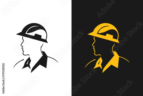 A builder, mechanic or tech man side profile. Work man in helmet or maintenance worker side profile silhouette. A builder, mechanic, plumber or electrician icon. Vector
