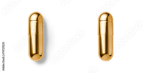 Top down view of a golden capsule pill with and without shadow