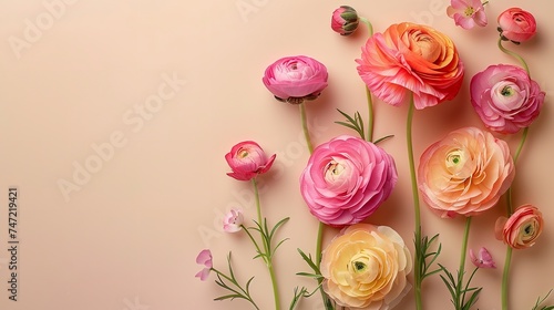 Vivid orange and pink ranunculus over an earthy beige backdrop and space, Generative AI.