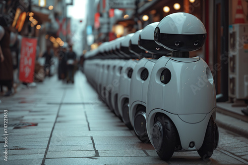 A group of white modern robot cars used for garbage collection lined up along the side of a city street, modern vacuum robots cleans streets