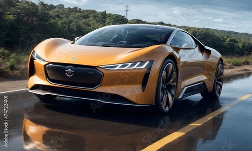 Amidst a natural backdrop, a golden electric sports coupe stands out with its bold design and striking color, a testament to high-speed elegance without the carbon footprint. Its presence on the road