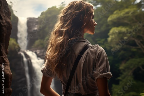 Woman and lifestyle of life and travel concept,Woman overlooking waterfall 