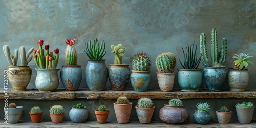 Different cacti are displayed in different pots on a vintage table. Concept Cacti, Vintage Table, Potted Plants, Home Decor, Desert Vibes