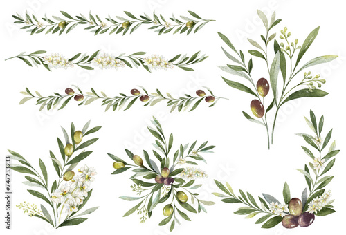 Watercolor set of bouquets and borders of olive branches. Design for invitations, cards, stickers, albums, fabric, home decoration. Holiday decor. Hand drawn illustration.