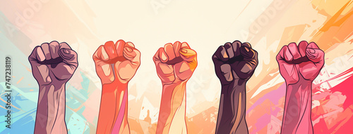 A unity background poster illustration of different colored people raising clench hands illustration 