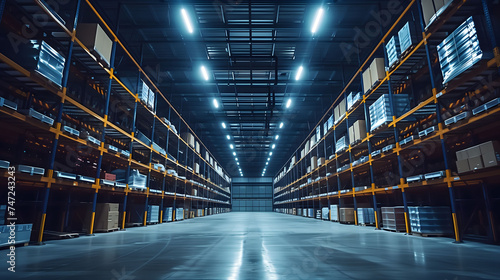 A warehouse with LED lighting, showcasing an industry building designed for distribution and retail operations