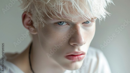 International Albinism Awareness Day, portrait of an albino guy of model appearance, genetic feature, pure snow-white skin, looking into the camera, light background