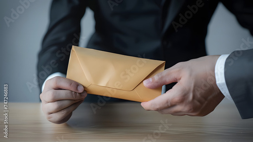 Dishonest cheating in business illegal money, Businessman receive bribe money in envelope to business people to give success the deal contract of investment, Bribery and corruption concept
