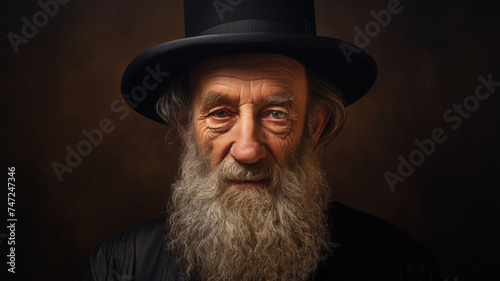 A frontal portrait of an old Jewish rabbi with a distinguished beard, reflecting wisdom and tradition.