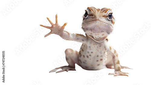 A highly detailed image of a gecko lizard making a quirky and humorous hand gesture, displayed in a lifelike pose