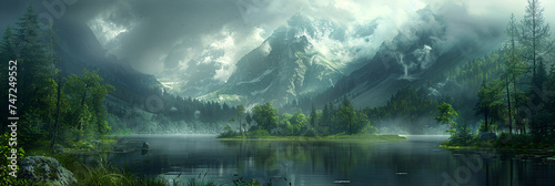 Misty mountain landscape with lake and forest. Digital art scenic background. Nature and wilderness concept. Design for poster, wallpaper, and print.