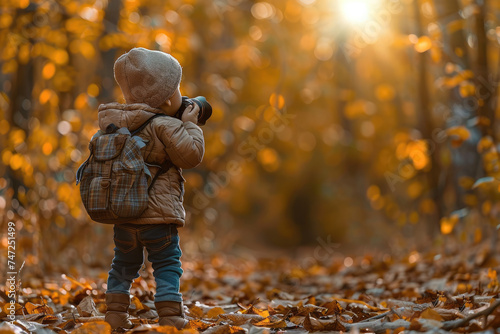 a little kid using a camera to take photograph in nature