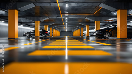 A closed underground parking lot showcases modern cars, and the scene is enhanced by yellow markings.