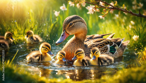 Delightful scene of a duck with ducklings bathing in a pond on a sunny day, showcasing playful wildlife moments and family bonding.