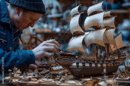 Artist Building Wood Model Sailing Ship in Workshop