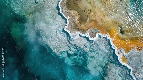 Macro View of Geothermal Pools in Yellowstone National Park, Showing Microbial Mats. Concept of geothermal features, hot springs, and microbial life