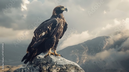 black eagle standing on large rock