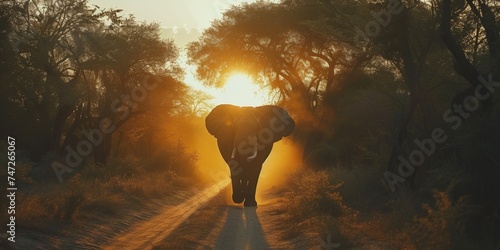 A majestic African elephant strolls through the savannah at sunset.