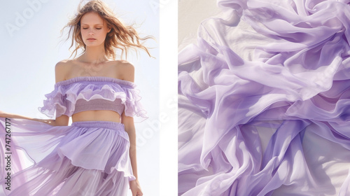 A flirty offtheshoulder top paired with a flowy midi skirt in a soft lavender hue creates a dreamy and feminine look.
