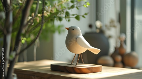 Wooden bird figurine on table in living room, closeup