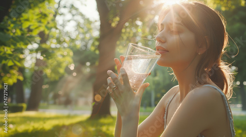 young woman enjoying a glass of water to hydrate herself with fresh air of a park